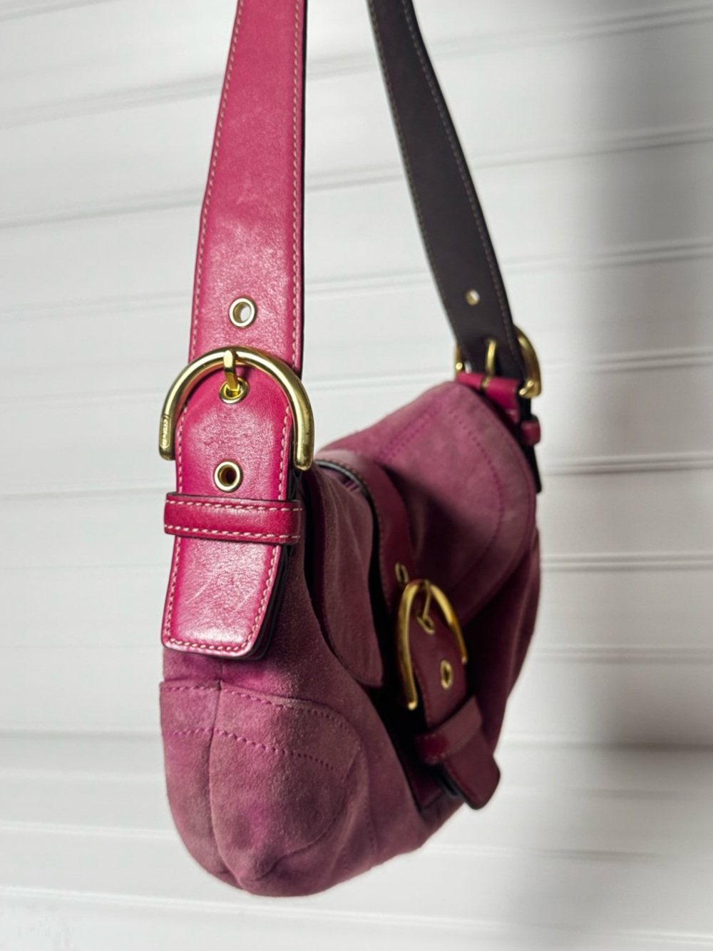 Coach Pink Suede Saddle Shoulder Bag with Gold Buckle and Pink Leather Strap - Picture 4 of 11